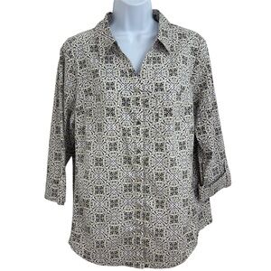 Emily Daniels Womens Abstract Button-Up Roll Tab 3/4 Sleeve Blouse Top New Sz L
